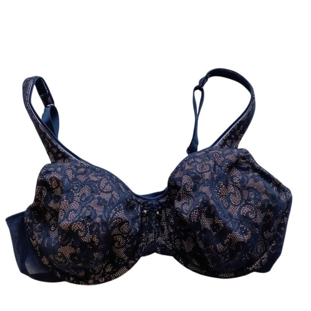 Breezies Bra‎ Womens 36C Black Lace T-Shirt Underwire Beaded Bow A6613 Lined